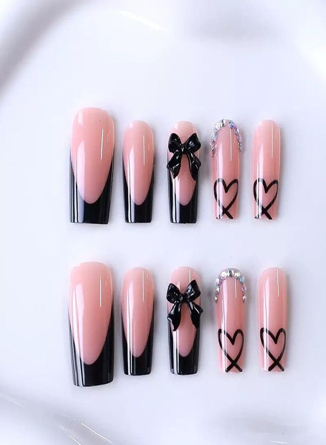 CTTHNBD Medium Press on Nails Coffin - Black French Tip Fake Nails with Bow Charms Design - Heart False Nails Press ons - for Women 24 Pcs - Image 4